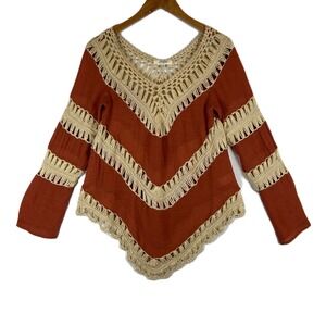 Umgee Rust Orange Crochet Sheer Boho Chevron Long Sleeve Women's Top Small